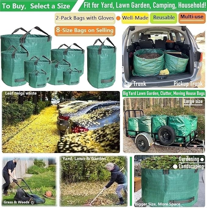 Professional 2-Pack 137 Gallon Lawn Garden Bags Large (D34,H34 inch) Yard Waste Bags with Gardening Gloves, Big Leaf Bag,Yard Debris,Waste Container,Lawn Trash Bin,Grass Clippings,Weeds Bags 4 Handles