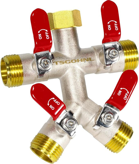 Heavy Duty Brass Garden Hose Splitter 4 Way, Freeze and Sun Resistant Outdoor Faucet Brass Connector Tap Splitter 4 Valves, Nickel Plated for Rust Resistance, 3/4” GHT (Red)