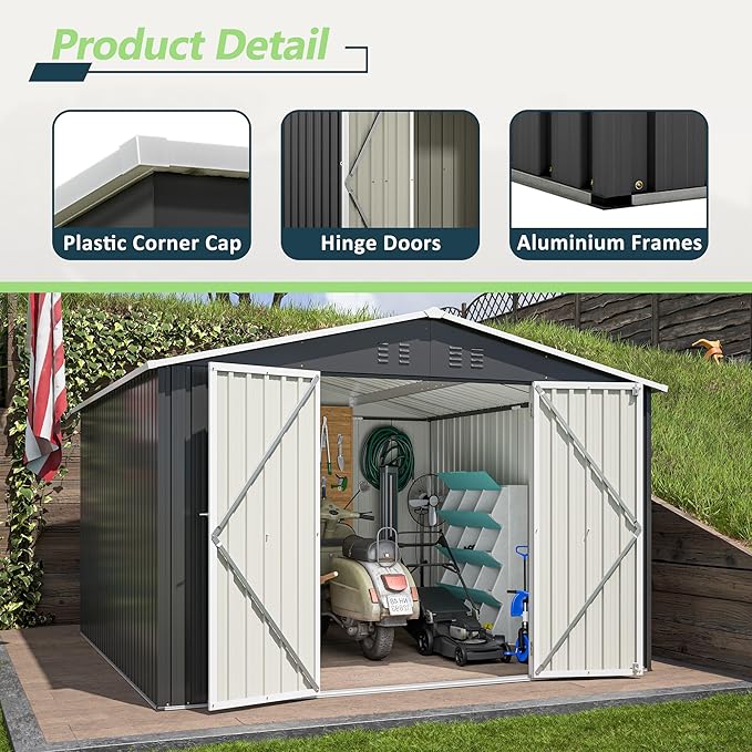 10x10 FT Outdoor Storage Shed, Large Metal Garden Shed with Lockable Hinged Doors, Outside Tool Shed with Sloped Roof & 4 Air Vents, Waterproof Storage Building for Backyard, Patio, Lawn, Black