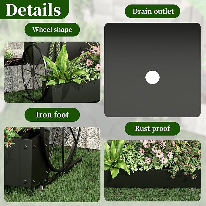 Metal Wagon Planter Box, 2-Tier Garden Planter with Wagon Wheels, Decorative Outdoor Planters for Flowers Herbs Vegetables, Flower Cart Small Raised Garden Bed for Patio, Balcony (Black)