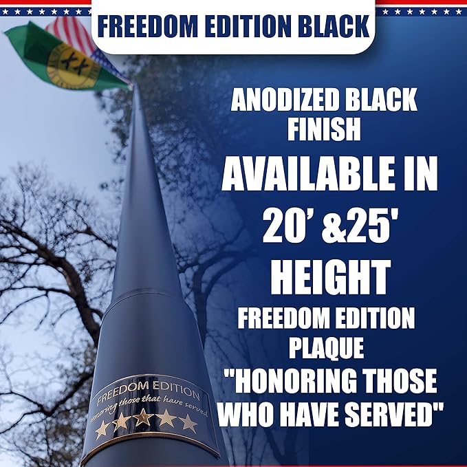 Service First 25FT Flagpole Kit Freedom Edition Black Telescoping For Outside House In Ground - Anti Tangle Swivel Ring Design - 100MPH Wind Tested