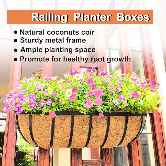 2 Pack 16" Railing Planter Window Box with Coco Fiber Liner Horse Trough Planter The Railing Planter Boxes for Deck Porch Fence Outdoor