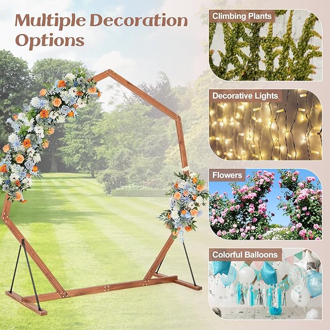 S AFSTAR 7FT Heptagon Wedding Arch, Wood Backdrop Stand With Triangular-Shaped Base, 4 U-Shaped Stakes, Indoor Outdoor Round Flower Balloon Stand for Ceremony Party