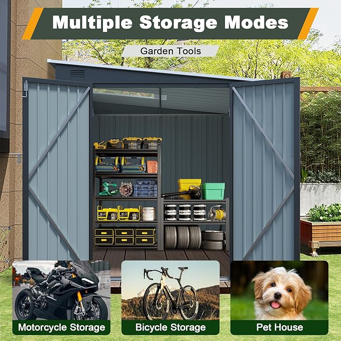 6x8 FT Lean to Shed with Lockable Double Doors, Metal Outdoor Storage Shed with Free PC Light Board for Tools, Outside Storage Shed Waterproof for Backyard, Patio, Garden
