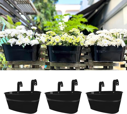 LaLaGreen Outdoor Plants Rail Planter (11.2 Inch, 3 Pack) Black Metal Iron Hanging Flower Pots Deck Railings Fence Buckets Modern Boho Style Wall Mount Window Box Plant Holder Hooks Porch Home Decor