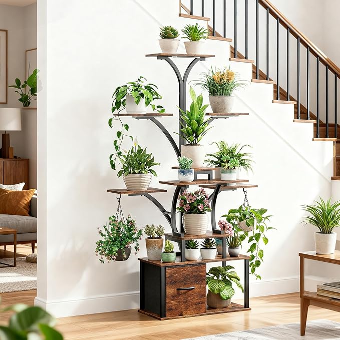 Tree-shaped 63" Tall Plant Stand Indoor with Grow Light 3 Color Modes - 10 Tiered Plant Shelf with Drawer, 10 Brightness Levels, Timer, Wide Base, Lighted Corner Plant Stands for Living Room, Balcony