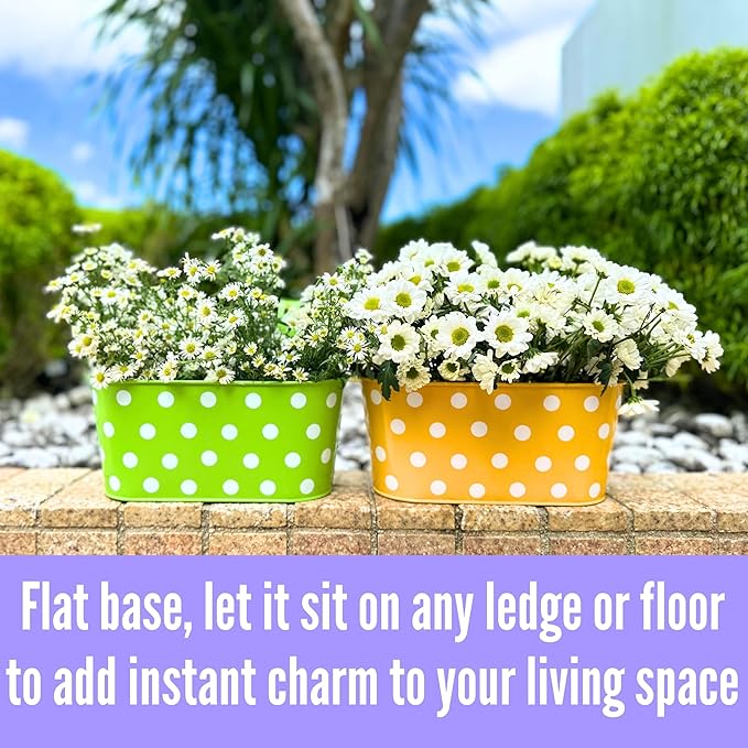 LaLaGreen Outdoor Hanging Planter (11.2 Inch, 6 Pack) Light Blue, Neon Pink, Dark Purple, Yellow, Red Cute Metal Iron Flower Pots Bucket Colorful Polka Dot Herb Deck Railing Fence Bucket Patio Decor