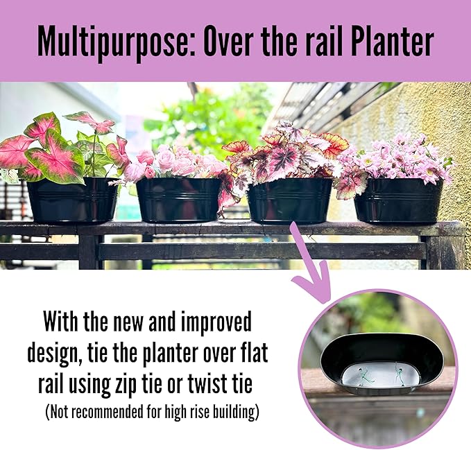 LaLaGreen Outdoor Plants Rail Planter (16 Inch, 10 Pack) Black Metal Iron Hanging Flower Pots Deck Railings Fence Balcony Modern Boho Style Wall Mount Window Boxes Plant Holder Hooks Porch Home Decor