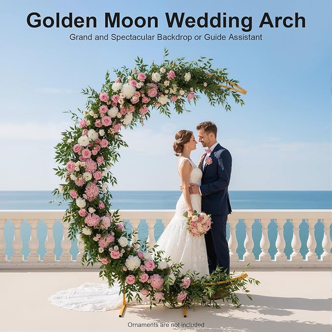 Wedding Arch, 7ft Metal Crescent Moon Wedding Arch Stand, Curved Flower Balloon Frame Garden Arbors and Arches for Wedding, Valentine's Day, Christmas, New Year Decoration (Gold)