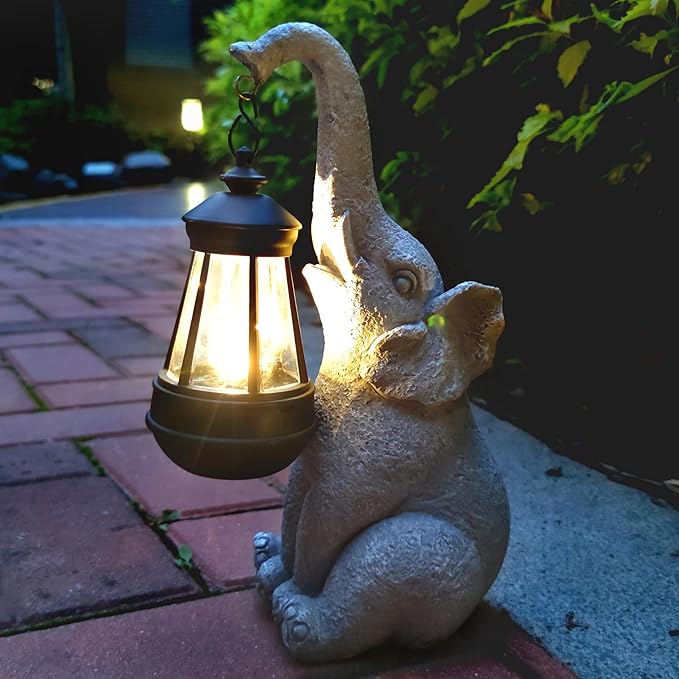 Elephant Solar Garden Statues,Resin Elephant Figurine Decorations with Solar Lights Lantern, Outdoor Garden Decor Art for Lawn,Yard, Unique Housewarming Gift for Garden Home