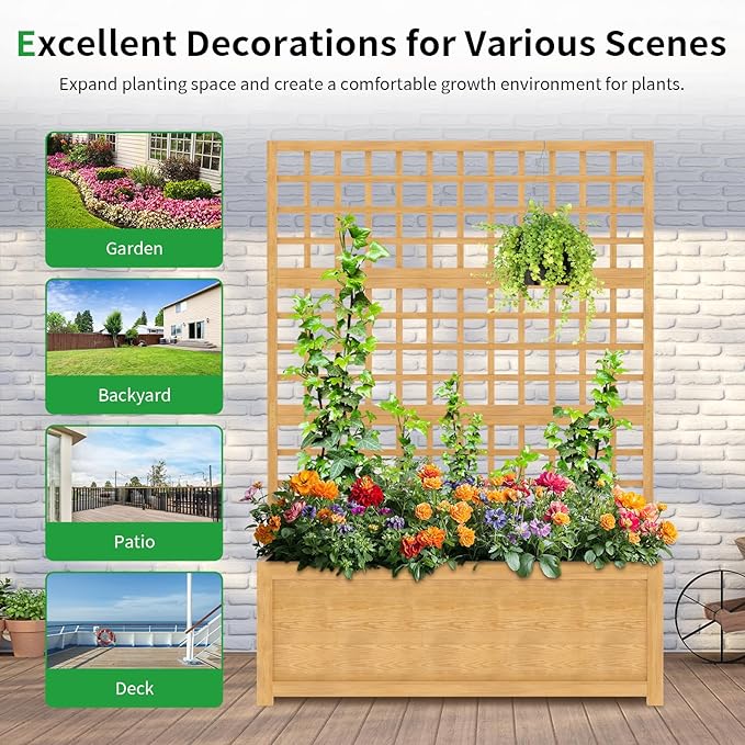 SUNYRISY Raised Garden Bed with Trellis, Wooden Vertical Planter Box with Privacy Screen Outdoor for Climbing Plant Vine Flowers Vegetables, Planter with Hanging Roof and Drainage Holes
