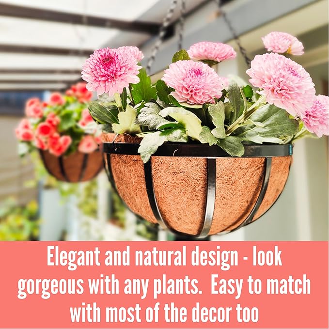 LaLaGreen Outdoor Hanging Baskets for Plants (4 Pack, 18 Inch) Extra Large Black Metal Flat Iron Hanging Planter with Coco Liner Round Flower Pot Holder Deck Porch Modern Garden Balcony Rustic Decor