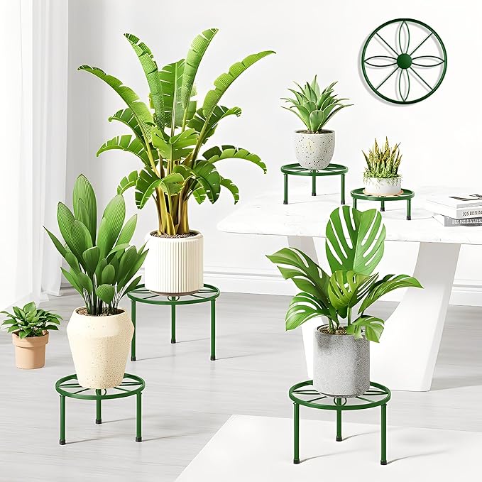 5 Pack Metal Plant Stands for Indoor and Outdoor Planters,Heavy Duty Flower Pot Stands for Multiple Plant,Round Short Flower Holder Stand for Home Decoration(DarkGreenLeaf)