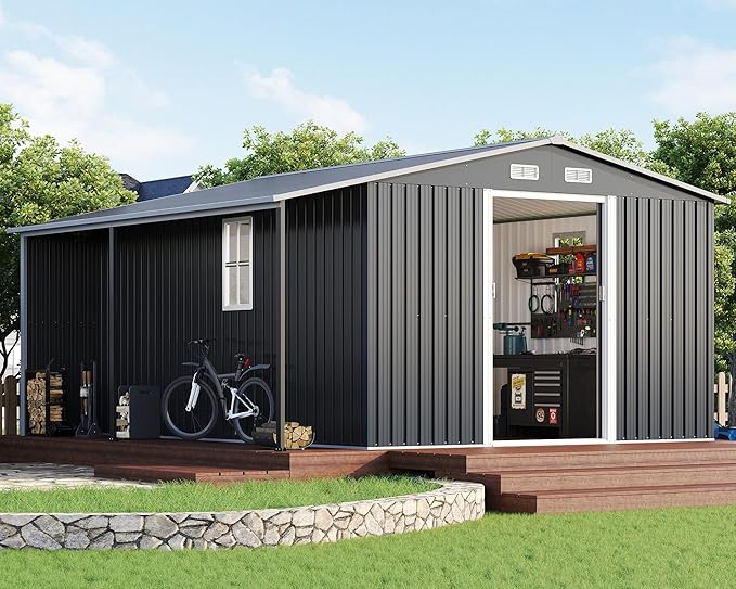 AMERLIFE 12x12x6.6 FT Galvanized Metal Storage Shed with Open Firewood Bay, Sliding Doors & Ramp, 2 Windows & Vents, Weather-Resistant Outdoor Tool/Garden Shed, Dark Grey/White