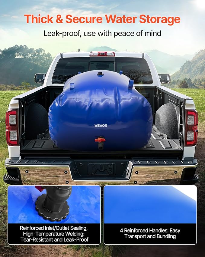 VEVOR Water Storage Bladder, 540L/142.7Gallon Water Storage Container Tank, 1000D PVC Large Capacity Soft Bag Bladder, Foldable Portable for Garden Irrigation, Camping, RV, Fire Prevention - Blue