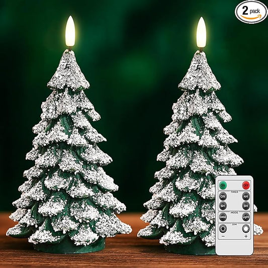 Christmas Tree Candles Covered in Snow with Remote, 2 Pcs Waxy LED Flameless Candles Flickering, Green Electric Candles Battery Operated for New Year Celebration Holiday Decorations 8.5 Inches