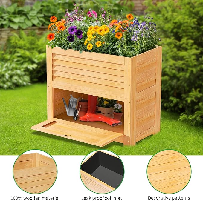 SUNYRISY Wooden Raised Garden Bed with Storage Box, 34" L x 18" W x 30" H Elevated Large Planter Box for Planting Herb Vegetable Flower Outdoor Indoor, Wood