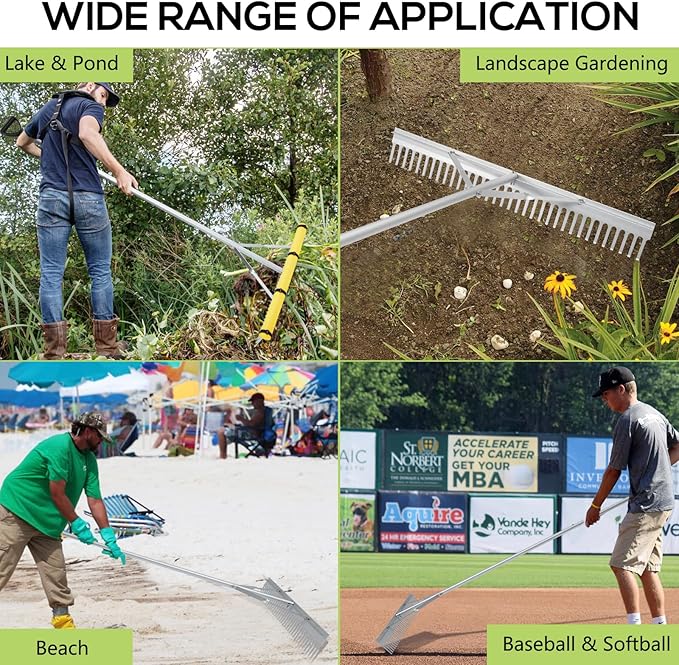 Floating Lake Rake, 36" Aluminum All Purpose Lake and Landscape Rake with 102'' Extension Handle and 52Ft Rope, Weed & Algae Removal, Yellow