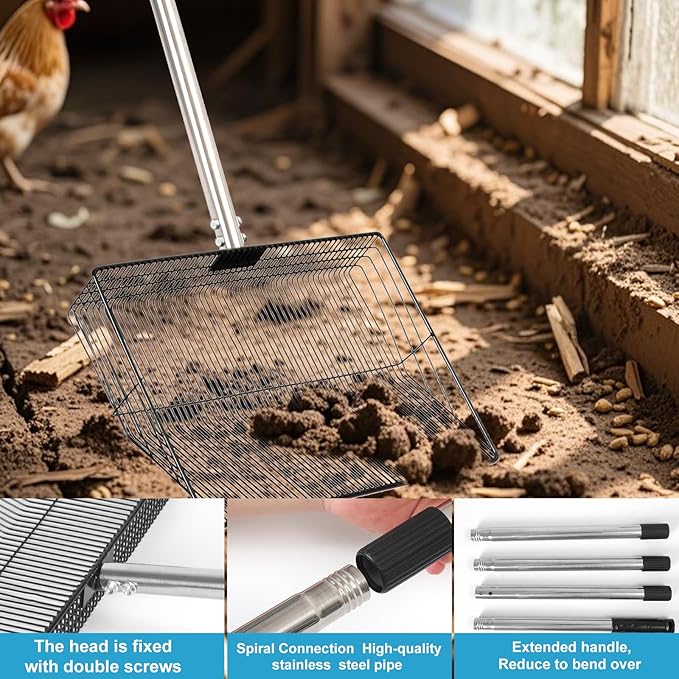 15inch Large Chicken Coop Scooper,Telescoping Chicken Manure Scraper With 38 to 64" Stainless Steel Handle, Adjustable Chicken Shovel For Poultry Rake,Chicken Coop Rake, Chicken Poop Scooper For Sand