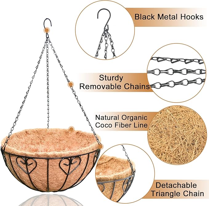 4 Pack 12 Inch Hanging Baskets for Plants Outdoor Metal Hanging Planter Basket with Coco Coir Liner Hanging Flower Baskets Hangings Flower Pots Holder for Garden, Patio(AX)