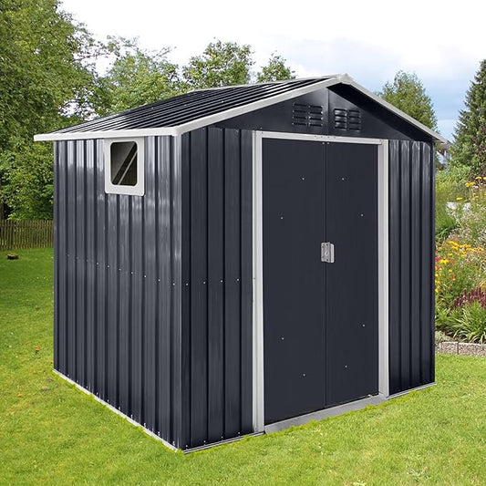 7x4.3 FT Metal Garden Sheds with Window,Outdoor Heavy-Duty Steel Storager Tool Shed W/Sliding Door and Punched Vents,Waterproof Building Organizer for Storing Motorcycle,Bicycles,Grey