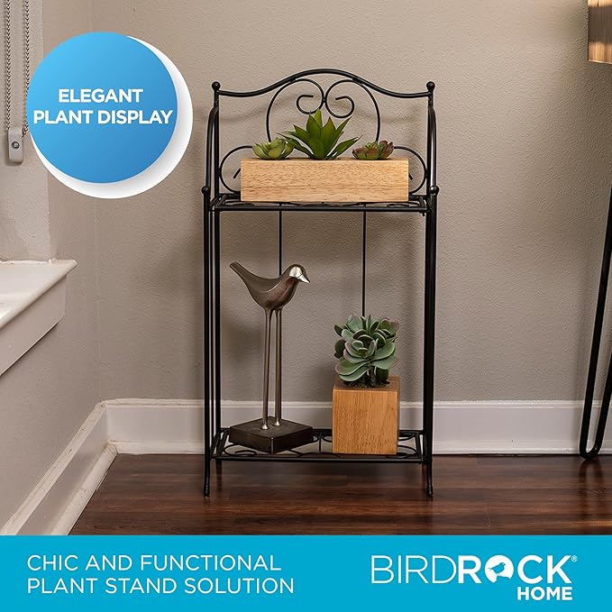 BIRDROCK HOME 2-Tier Metal Tiny Plant Stand Shelf - Decorative Mediterranean Scroll Design - Lightweight Folding - Black Metal Holder Rack - Indoor or Outdoor Use - Great for Small Spaces - Small