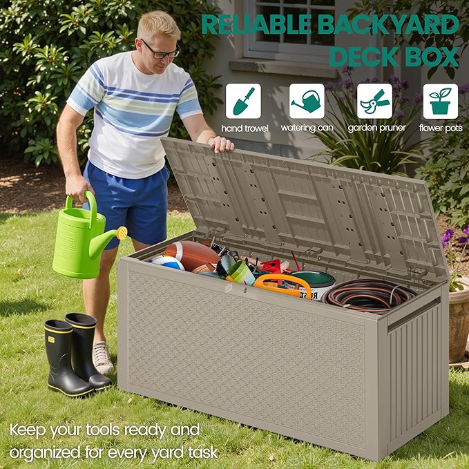 90 Gallon Outdoor Deck Box, Waterproof Outdoor Storage Box, Durable Resin Bin for Patio Cushions, Garden Tools and Pool Accessories, Lockable with UV Protection, Khaki, Patio Furniture