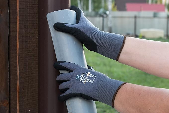12 Pairs Nylon Work Gloves, Nitrile Micro Foam Slip Resistant Coating on Palm, Smart Touch, Grey (Extra Large)