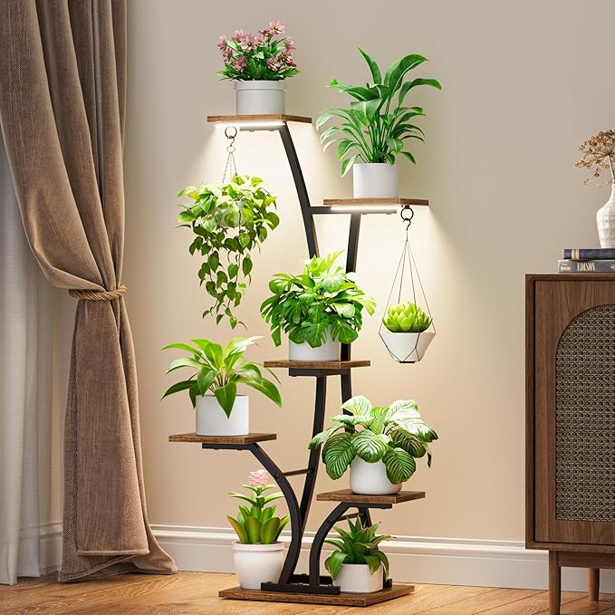 Plant Stand with Grow Light for Indoor Plants, 6 Tiered Metal Plant Shelf, 45" Indoor Plant Rack with 7 Shelves and 2 Hooks, Modern Corner Plant Holder for Living Room Balcony Bedroom, Black