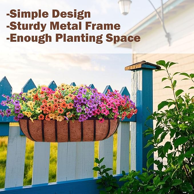 2 Pcs 36“ Railing Planter Window Box Deck Railing Planter Boxes with Coco Liner English Horse Trough Planters Metal Wall-Mounted Planters Basket for Outdoor Balcony Porch Fence Patio Rail