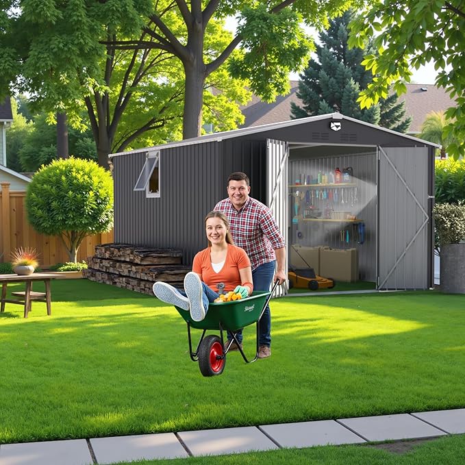 10x12 FT Metal Storage Shed,Outdoor Storage Building with Lockable Doors & 1 Vented Clear Window,Large Backyard Sheds,Waterproof Outside Storage Sheds