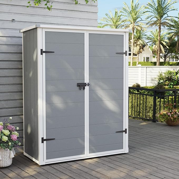 UDPATIO 38 Cu.ft Vertical Storage Shed, 4.3 ft x 5.6 ft Resin Outdoor Shed Waterproof Plastic Storage Cabinet for Garden, Backyard, Lawn, Grey
