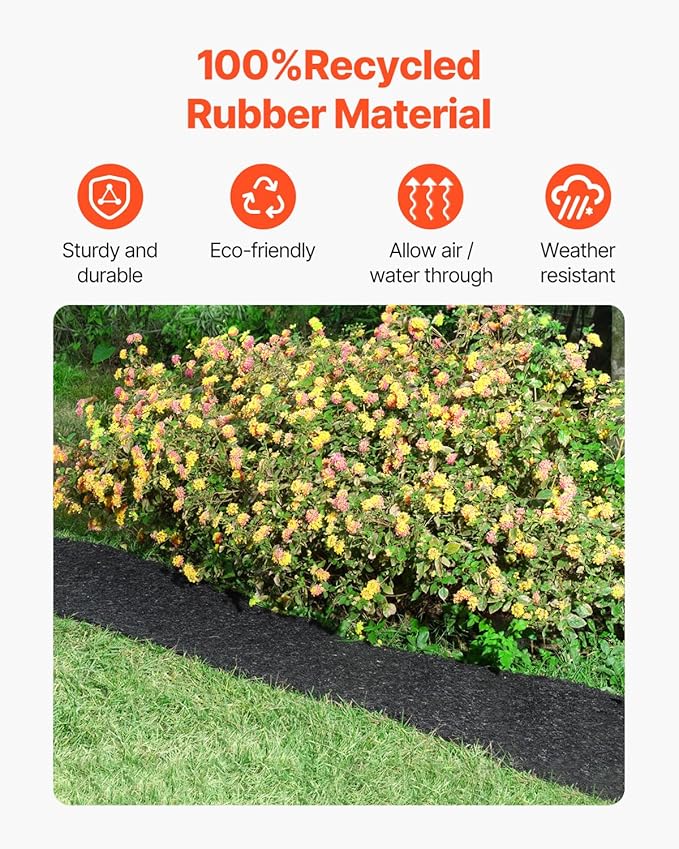 VEVOR Recycled Rubber Mulch Mat,Permanent Mulch Walkway Pathway,Garden Edging Border for Plants, Vegetables & Flower Garden Barrier, Black Rubber Mulch for Landscaping Outdoor 8' x 2'