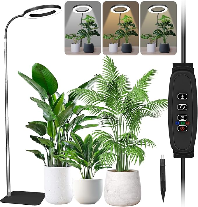 Grow Lights for Indoor Plants - Full Spectrum LED Halo Growing Lamp with Base & Groud Stake, Height Adjustable (16-67"), 3CCT, 10 Dimming, 3H/9H/12H Auto Timer - Black (NO Adapter)