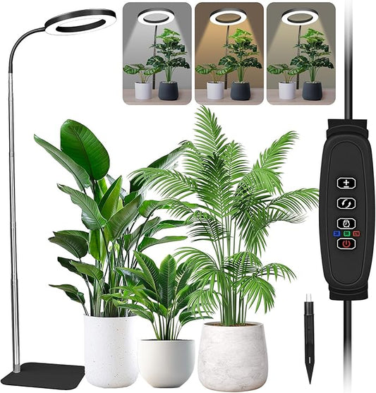 Grow Lights for Indoor Plants - Full Spectrum LED Halo Growing Lamp with Base & Groud Stake, Height Adjustable (16-67"), 3CCT, 10 Dimming, 3H/9H/12H Auto Timer - Black (NO Adapter)