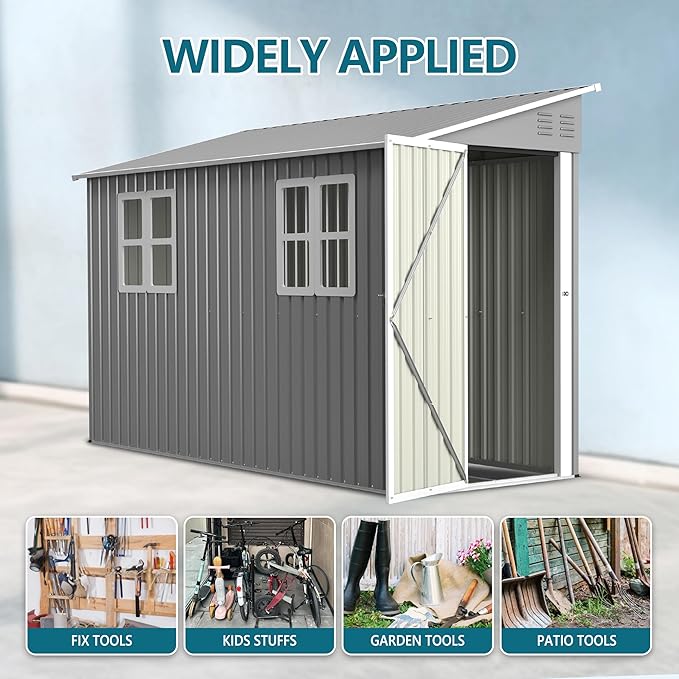 4X10 FT Outdoor Storage Shed W/ 2 Windows & Floor Frame,Lean to Shed W/Reversible Installation,Metal Garden Tool House W/Air Vents,Lockable Door & Sloped Roof,for Backyard Patio Lawn,Gray