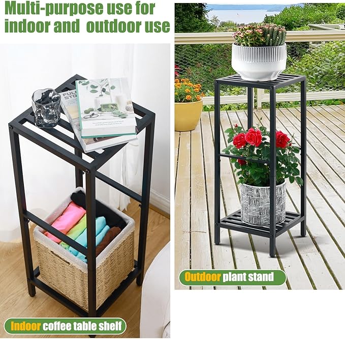 Party Zealot 2 Packs of 2-Tier Tall Metal Square Plant Stand 31” Heavy-Duty Modern Flower Pot Rack for Indoor Living Room, Corner Side Table for Outdoor Patio, Garden Planter Holder, Black