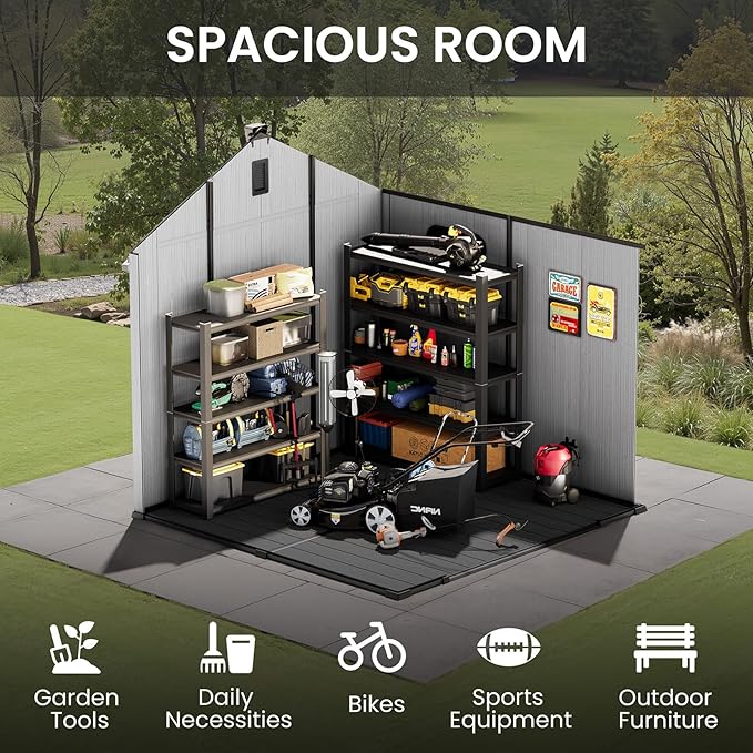 CRESTLIVE 8x8 FT Rust-Resistant Plastic Outdoor Storage Shed, Waterproof Resin Garden Shed with Floor, Doors, Skylight & Vent for Lawn Tools & Bikes