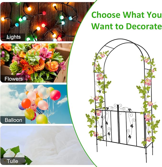 Outdoor Garden Arbors with Gate Door 7’ H x 3’7’’ W Metal Garden Arch Plants Growing for Wedding Party