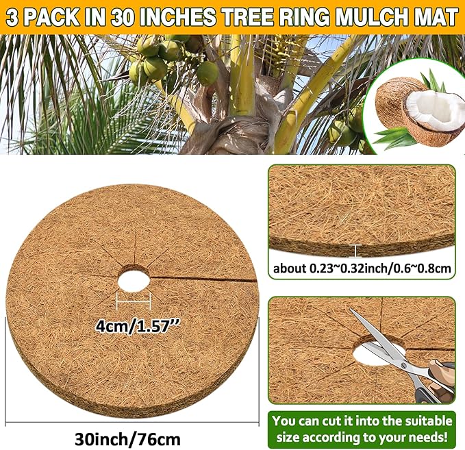 ZeeDix 3 Pack Coconut Fiber Mulch Ring, 30 Inch Coco Coir Tree Ring Mulch Mat, 100% Natural Tree Protector Mat Plant Cover Ring Coconut Coir Discs Tree Mats Mulch Rings for Indoor Outdoor Trees Plants