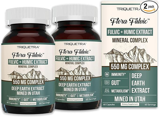 Flora Fulvic | Fulvic Acid + Humic Acid Complex – 550 mg |Mined in Utah, Prehistoric Deep Earth Extract | Immunity, Gut, Digestion – Natural Trace Mineral Complex, Fulvic Acid Supplement – 2-Pack