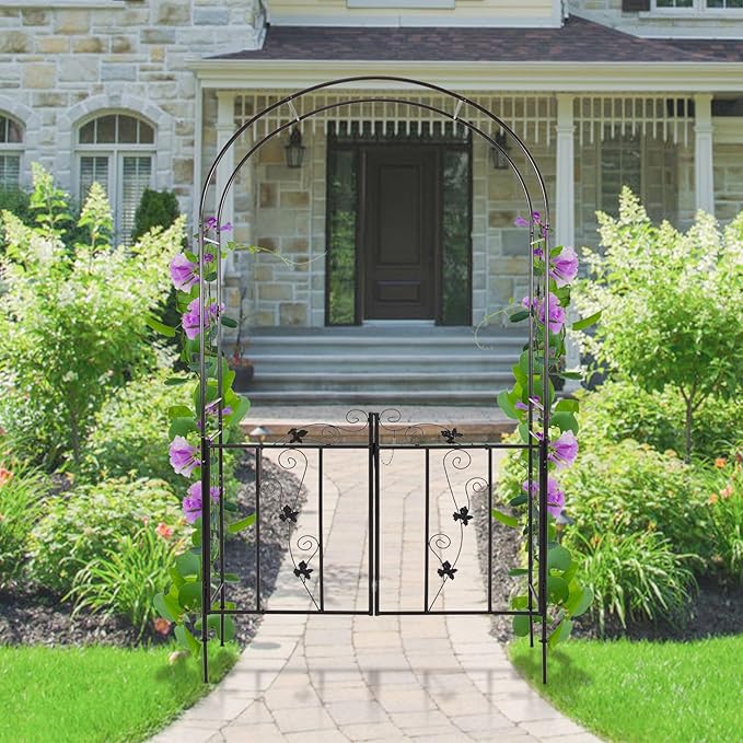 Metal Garden Arch with Gate - Garden Arbor with Gate, Garden Arbor Trellis w/Door for Climbing Plants, Rose, Vine, Wedding, Garden Trellis Arch for Outdoor, Lawn, Backyard, 7'H X 3.6'W, Black