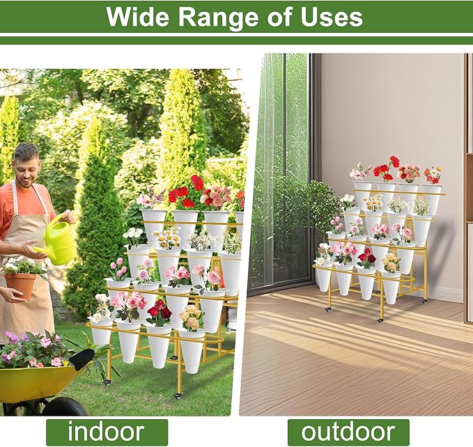 Floral Display Stand with 16 White Flower Baskets, 4-Layers Cart Display Stand with Wheels ,Sturdy Mobile Flower Bouquet Rack for Courtyard, Garden, Flower Shop, Living Room, Balcony, with Lockable Rotating Wheels (Gold)