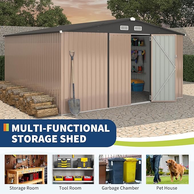 12x12 FT Metal Storage Sheds Outdoor, Metal ToolShed with Lockable Door, Metals Yard Sheds Metals Garden Shed Kit, MetalUtility Sheds Buildings with Air Vent for Backyard Garden Patio Lawn