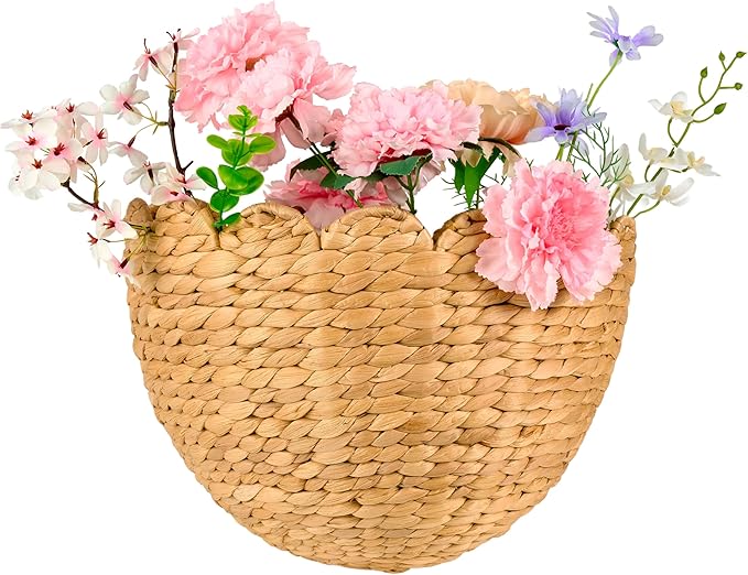Scalloped Wicker Wall Basket 14"L x 11"W x 7"H, Handwoven Hanging Wall Organizer for Boho Home Décor, Natural Rattan Storage Basket for Living Room, Entryway, Kitchen