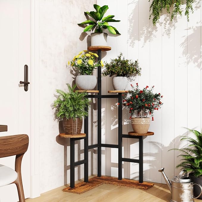 IBUYKE 6 Tier Plant Stand Indoor, Tall Flower Pot Stand for Multiple Plants, Tiered Corner Plant Shelf for Living Room Patio Balcony Garden, Rustic Brown TMJ072H