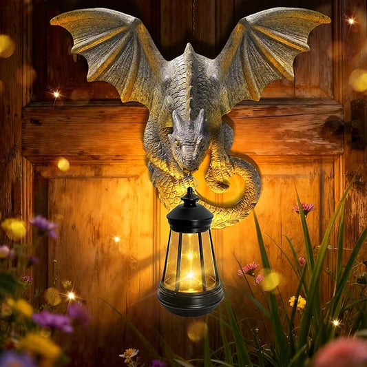 Dragon Tree Hugger Garden Statue - 9.8 Inch Resin Dragon Wall Hanger Sculptures Decor with Solar Lantern Lights, Outdoor Waterproof for Balcony Wall Porch Yard, Gifts for Mom Women Grandma Christmas