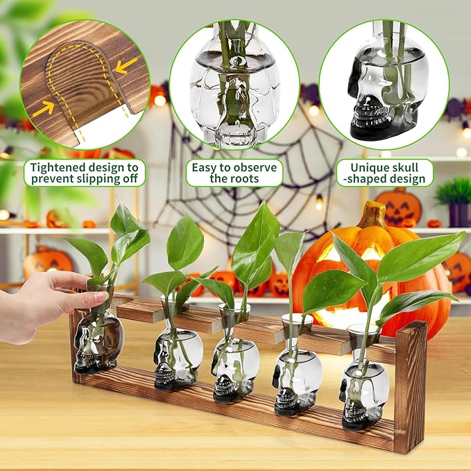 Plant Terrarium Propagation Stations Halloween Skull Planter Vase Skulls Decor with Wooden Stand Gife for Father - 5 Vases