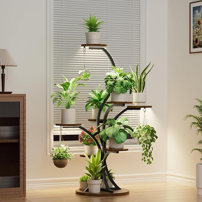 Plant Stand Indoor with Grow Lights - 8 Tiered Tree-Shaped 46.3" Tall Corner Plant Shelf, Grow Light Shelf Display for Indoor Plants Multiple, Flower Holder for Living Room Patio Balcony Décor