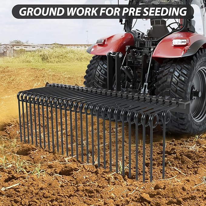 60" Durable Powder Coated Steel Pine Straw Rake, Steel Spring Landscape Rake for Leaves, Pine Needles, Straw, and Grass Attaches to Cat 0 Cat 1,3 Point Hitch Tractor, Black